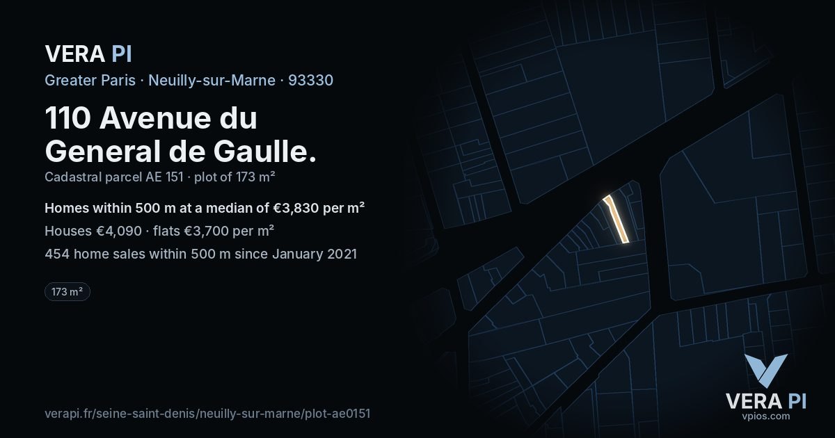 110 Avenue du General de Gaulle, Neuilly-sur-Marne at night – the plot lit, the parcels around coloured by the prices near them