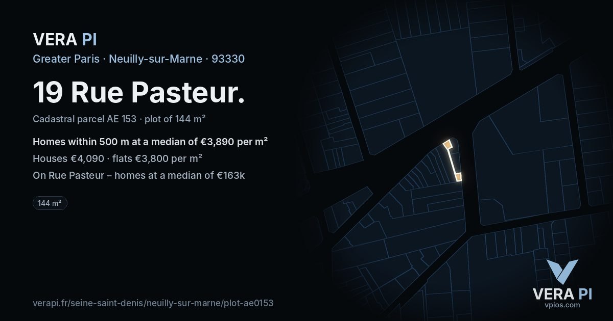 19 Rue Pasteur, Neuilly-sur-Marne at night – the plot lit, the parcels around coloured by the prices near them