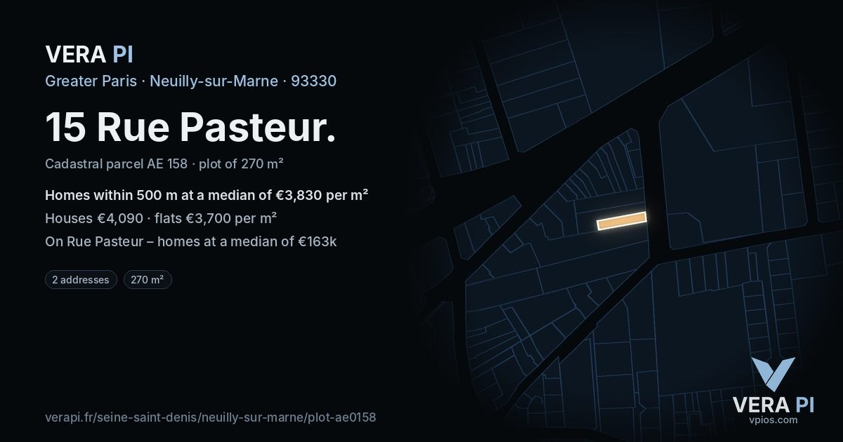 15 Rue Pasteur, Neuilly-sur-Marne at night – the plot lit, the parcels around coloured by the prices near them