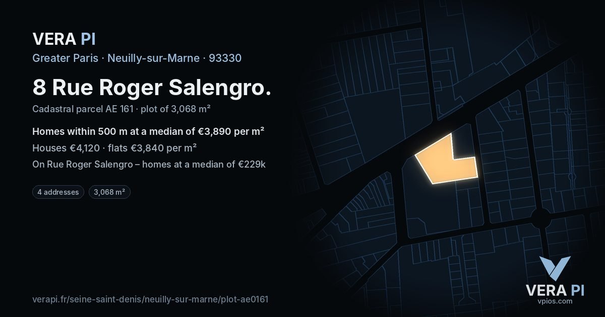 8 Rue Roger Salengro, Neuilly-sur-Marne at night – the plot lit, the parcels around coloured by the prices near them