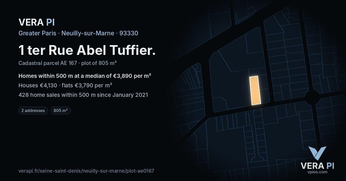 1 ter Rue Abel Tuffier, Neuilly-sur-Marne at night – the plot lit, the parcels around coloured by the prices near them