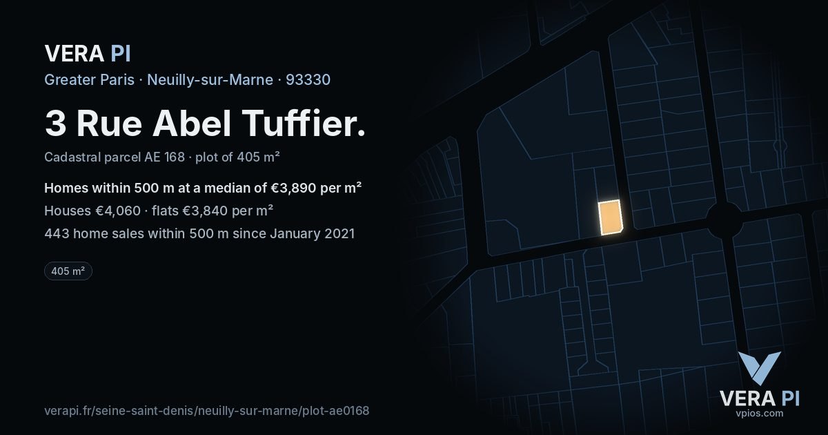3 Rue Abel Tuffier, Neuilly-sur-Marne at night – the plot lit, the parcels around coloured by the prices near them