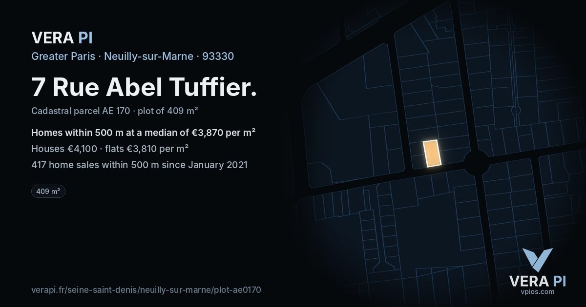 7 Rue Abel Tuffier, Neuilly-sur-Marne at night – the plot lit, the parcels around coloured by the prices near them