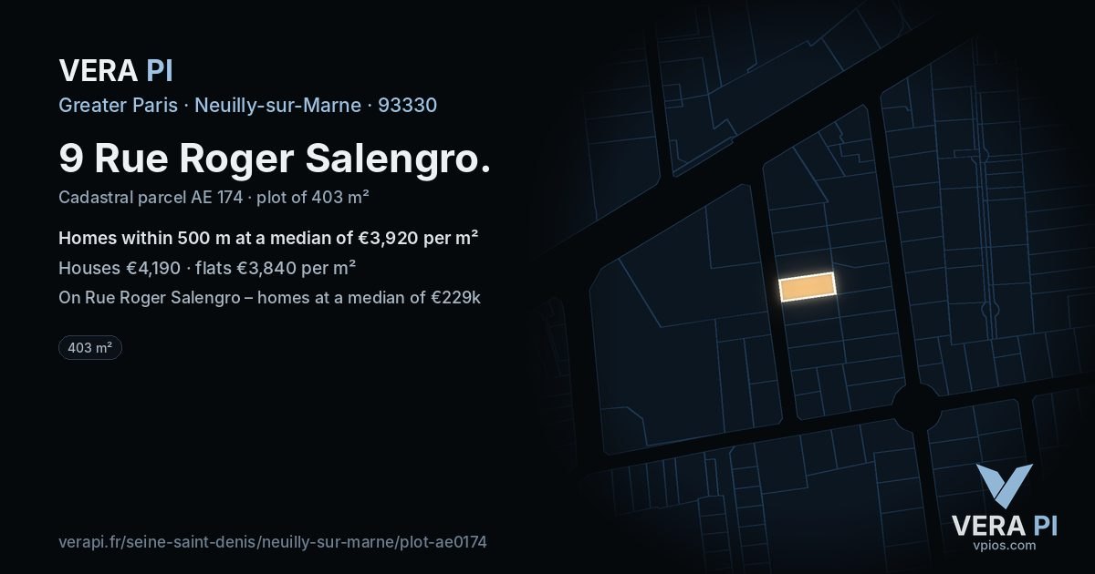 9 Rue Roger Salengro, Neuilly-sur-Marne at night – the plot lit, the parcels around coloured by the prices near them