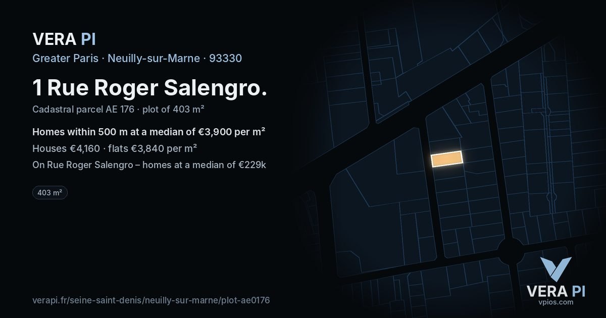 1 Rue Roger Salengro, Neuilly-sur-Marne at night – the plot lit, the parcels around coloured by the prices near them