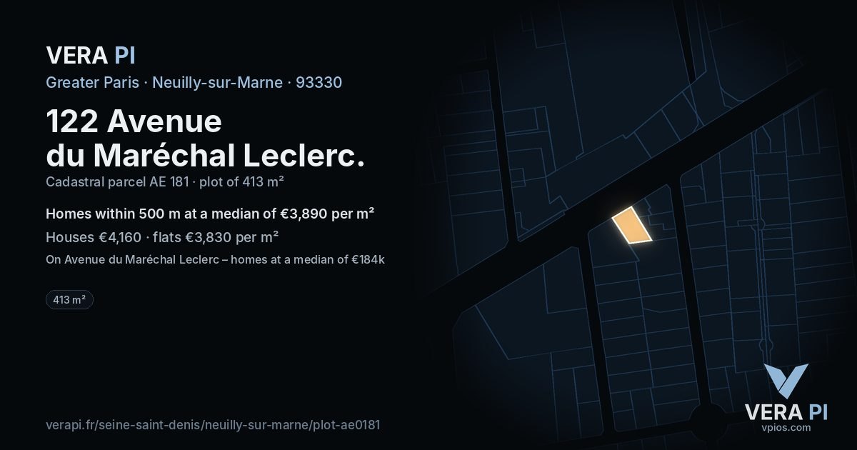 122 Avenue du Maréchal Leclerc, Neuilly-sur-Marne at night – the plot lit, the parcels around coloured by the prices near them
