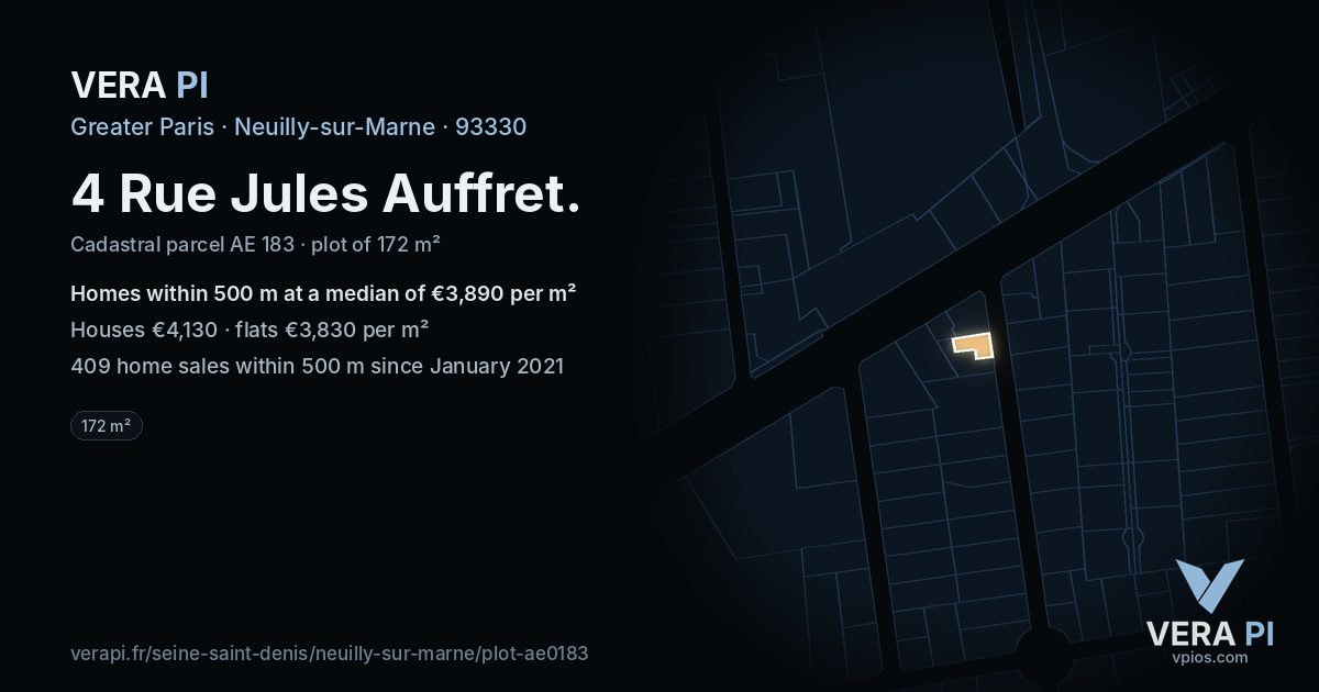 4 Rue Jules Auffret, Neuilly-sur-Marne at night – the plot lit, the parcels around coloured by the prices near them