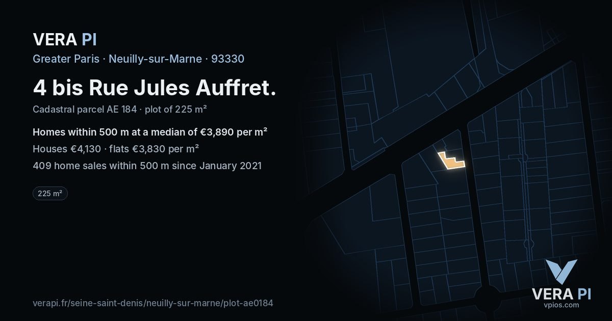 4 bis Rue Jules Auffret, Neuilly-sur-Marne at night – the plot lit, the parcels around coloured by the prices near them