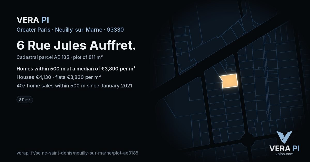 6 Rue Jules Auffret, Neuilly-sur-Marne at night – the plot lit, the parcels around coloured by the prices near them