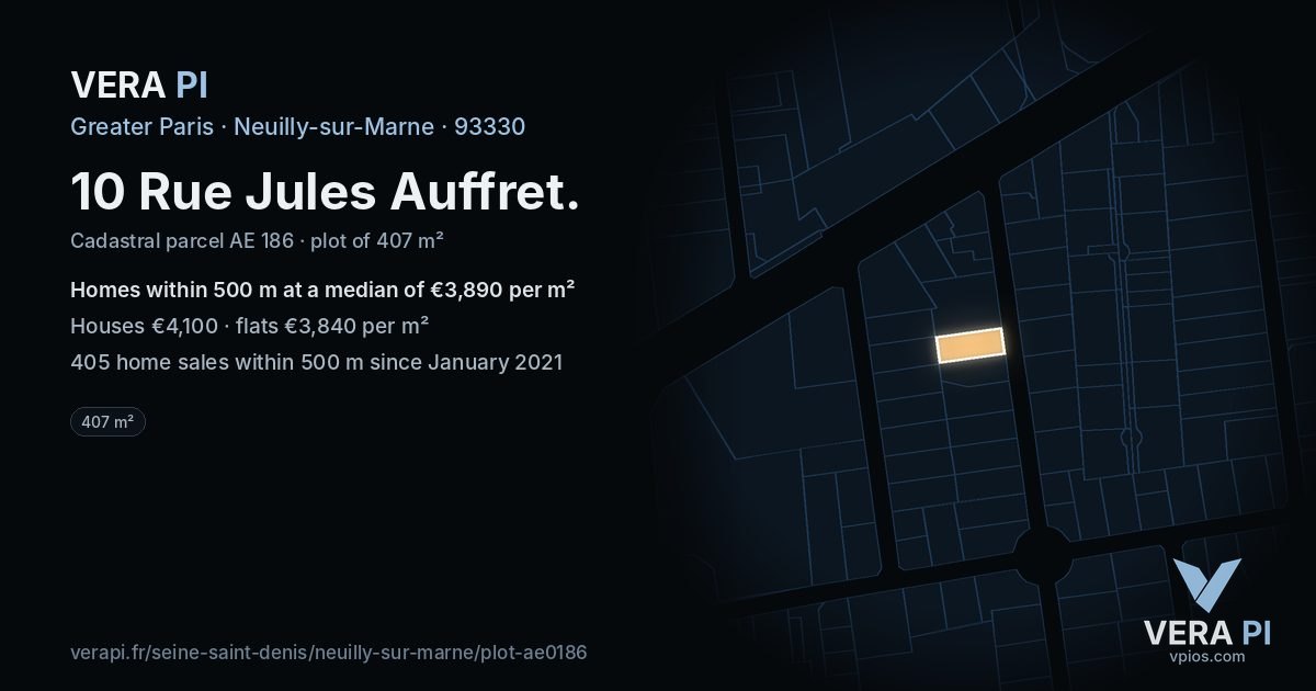 10 Rue Jules Auffret, Neuilly-sur-Marne at night – the plot lit, the parcels around coloured by the prices near them