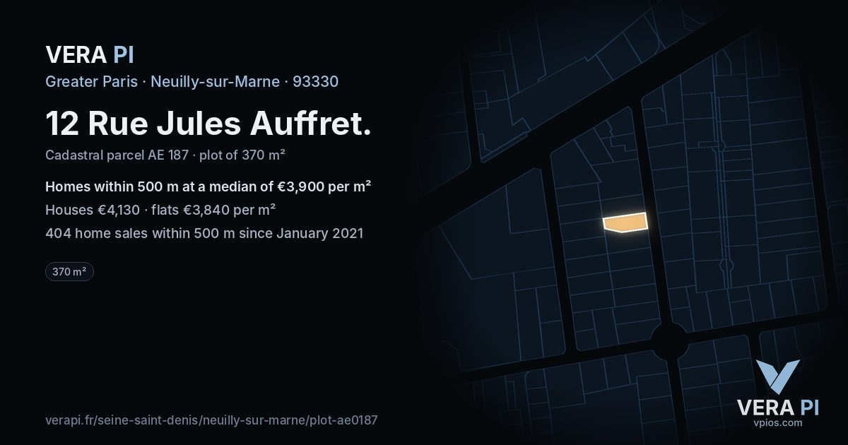12 Rue Jules Auffret, Neuilly-sur-Marne at night – the plot lit, the parcels around coloured by the prices near them