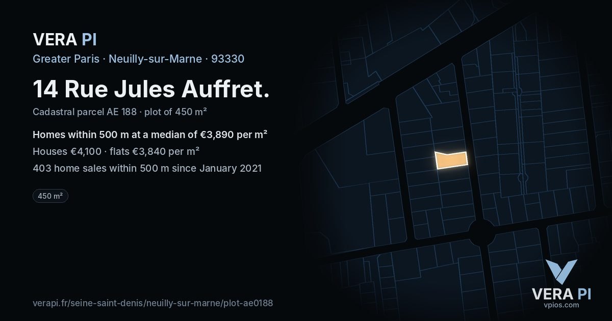 14 Rue Jules Auffret, Neuilly-sur-Marne at night – the plot lit, the parcels around coloured by the prices near them