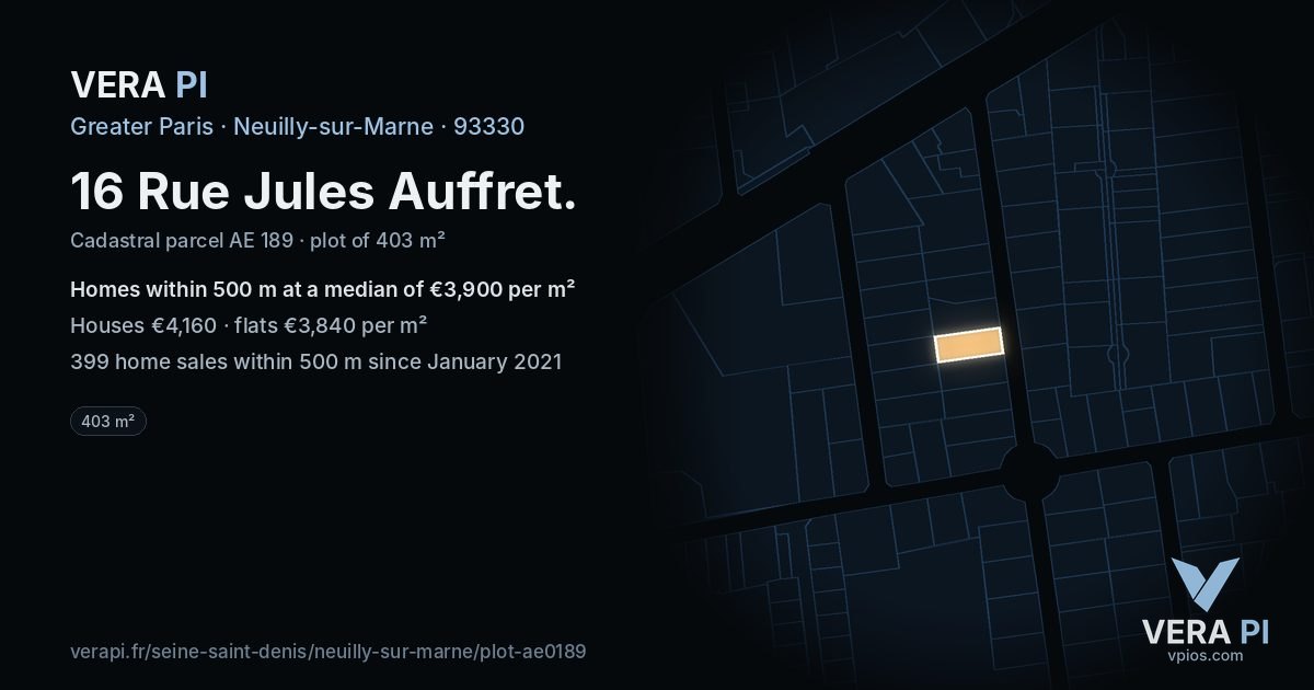 16 Rue Jules Auffret, Neuilly-sur-Marne at night – the plot lit, the parcels around coloured by the prices near them