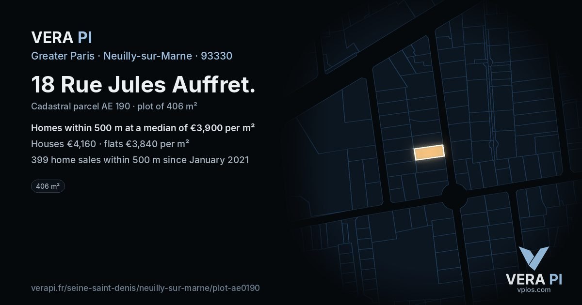 18 Rue Jules Auffret, Neuilly-sur-Marne at night – the plot lit, the parcels around coloured by the prices near them