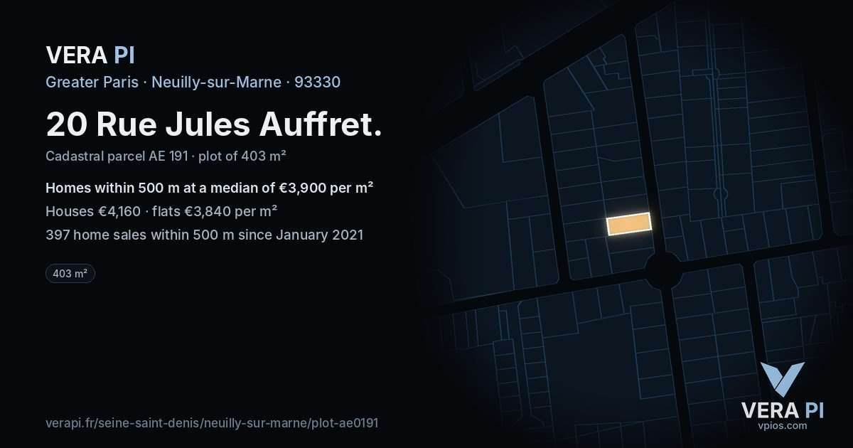 20 Rue Jules Auffret, Neuilly-sur-Marne at night – the plot lit, the parcels around coloured by the prices near them