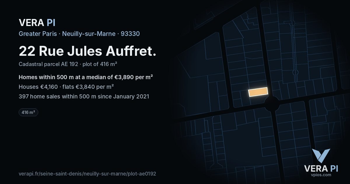 22 Rue Jules Auffret, Neuilly-sur-Marne at night – the plot lit, the parcels around coloured by the prices near them