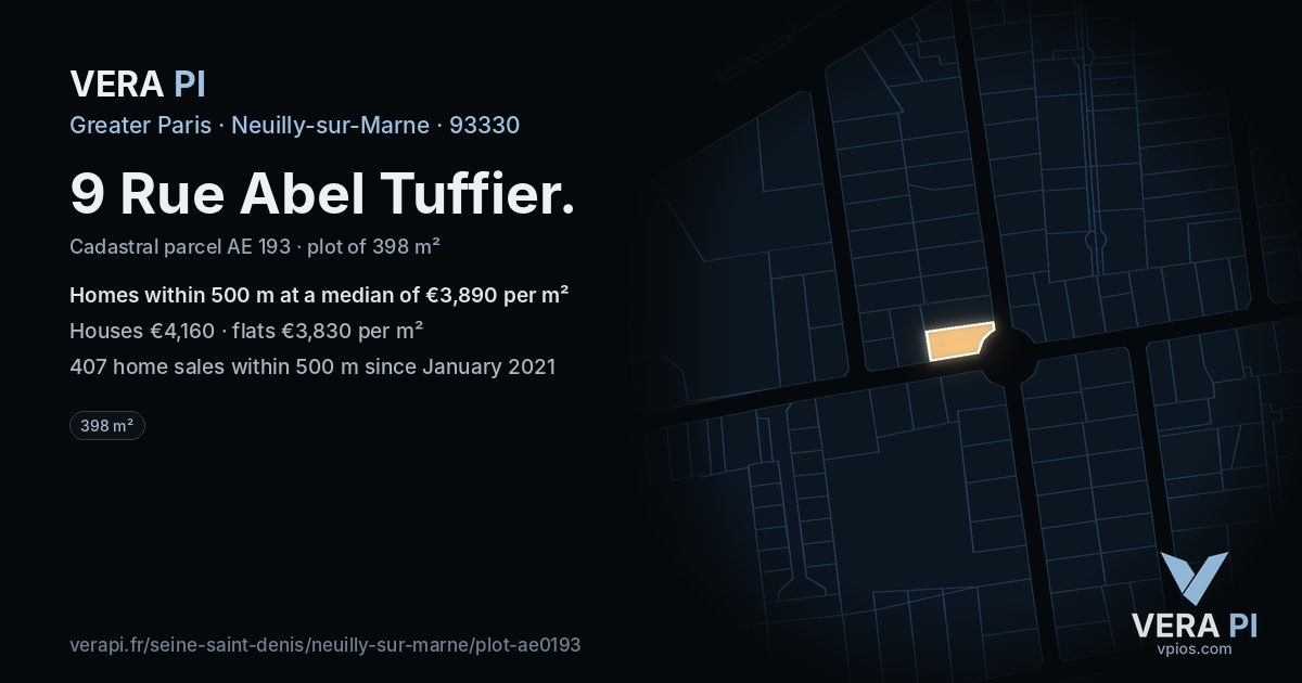 9 Rue Abel Tuffier, Neuilly-sur-Marne at night – the plot lit, the parcels around coloured by the prices near them