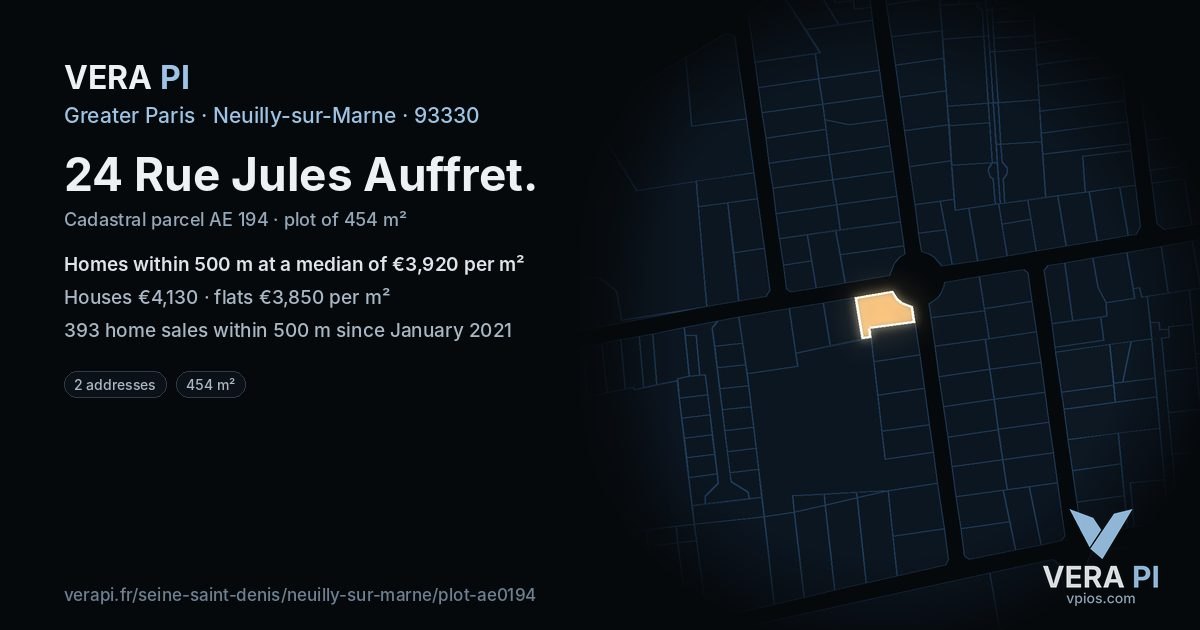 24 Rue Jules Auffret, Neuilly-sur-Marne at night – the plot lit, the parcels around coloured by the prices near them