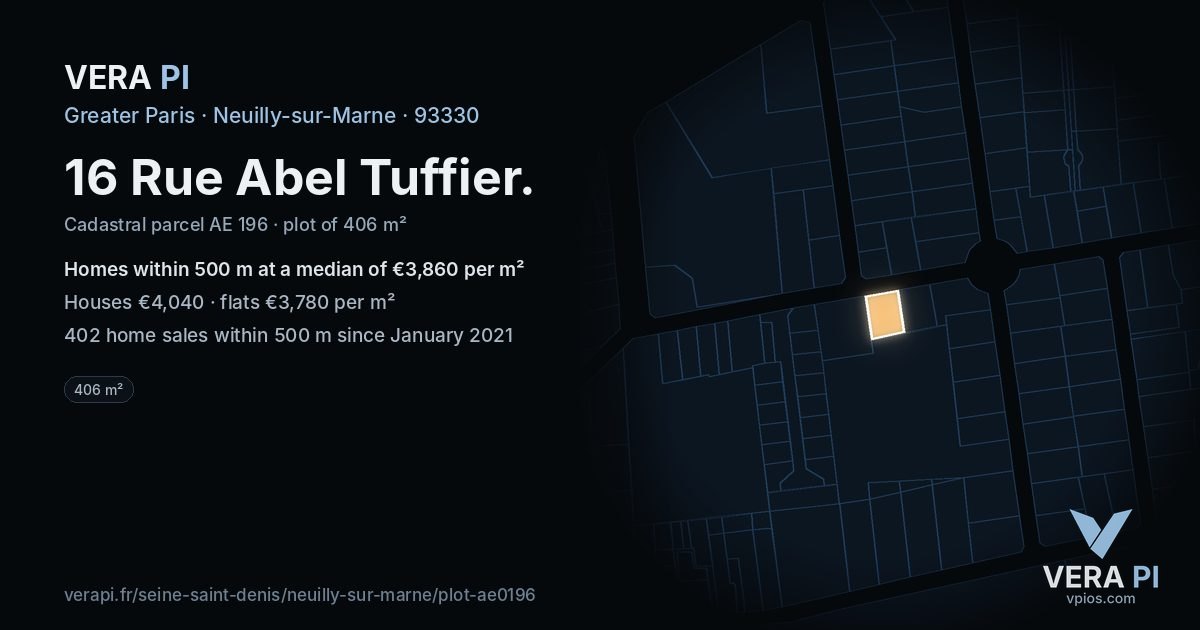 16 Rue Abel Tuffier, Neuilly-sur-Marne at night – the plot lit, the parcels around coloured by the prices near them