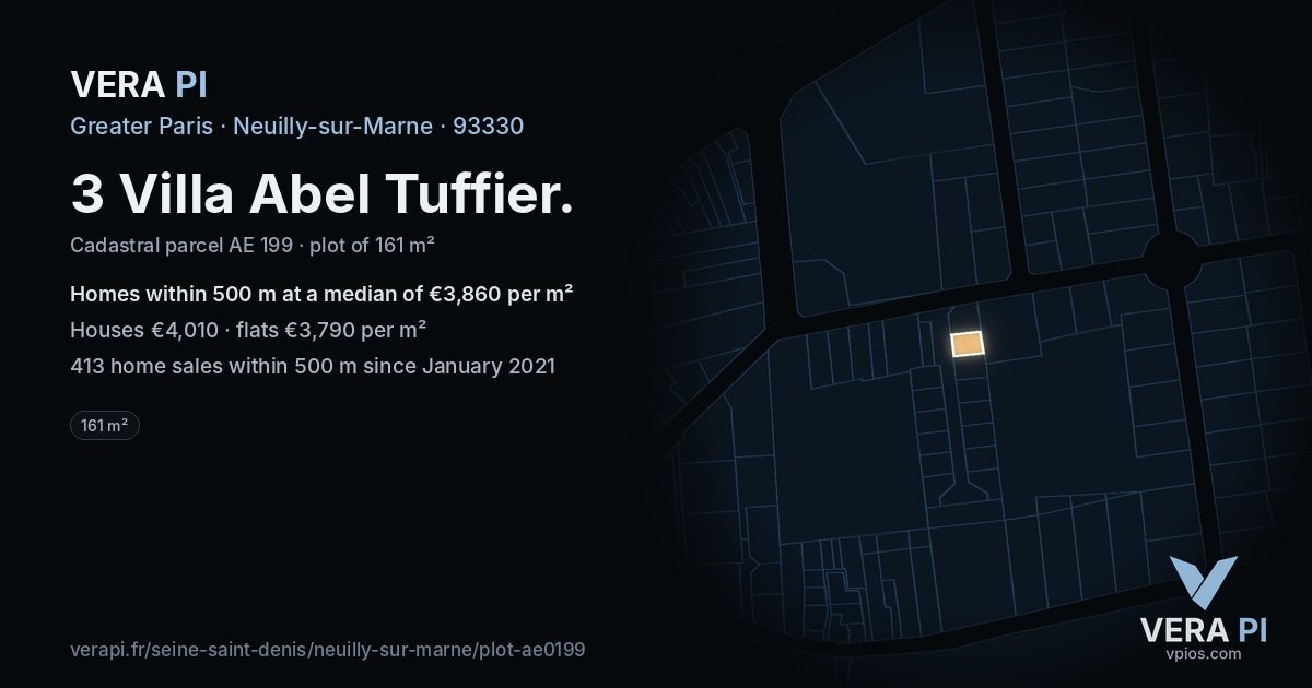 3 Villa Abel Tuffier, Neuilly-sur-Marne at night – the plot lit, the parcels around coloured by the prices near them