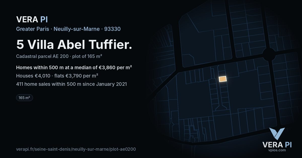 5 Villa Abel Tuffier, Neuilly-sur-Marne at night – the plot lit, the parcels around coloured by the prices near them