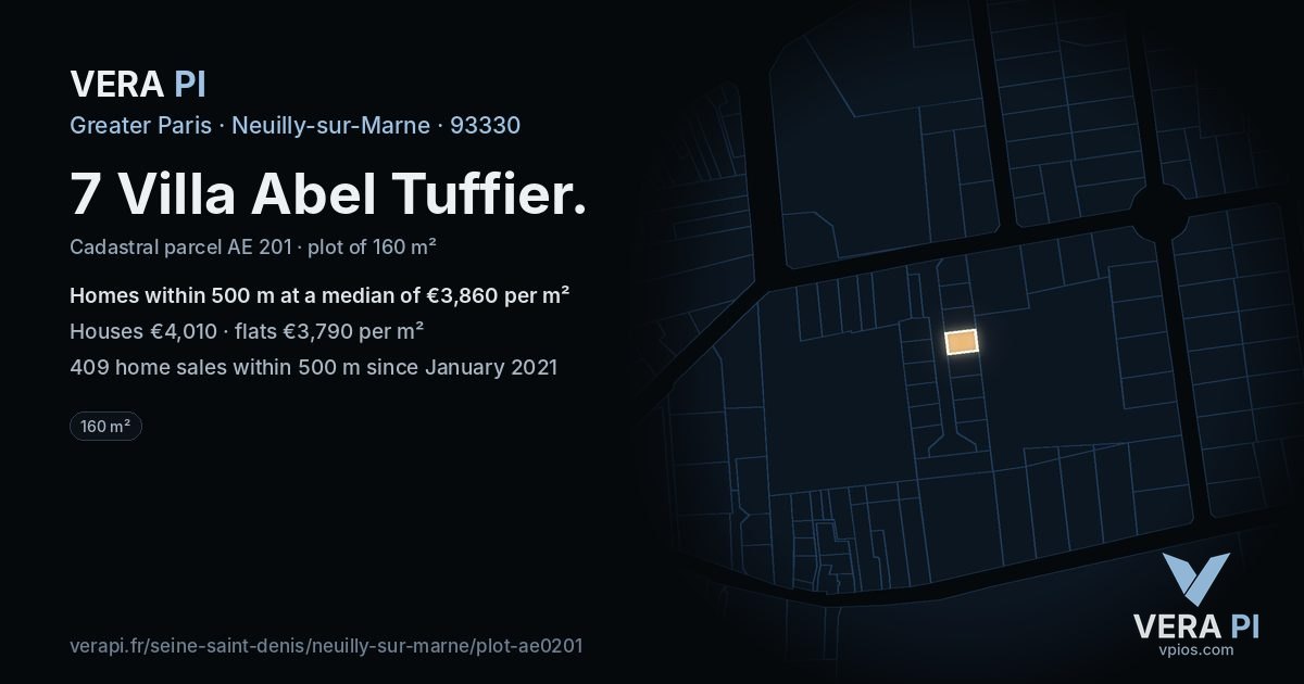 7 Villa Abel Tuffier, Neuilly-sur-Marne at night – the plot lit, the parcels around coloured by the prices near them