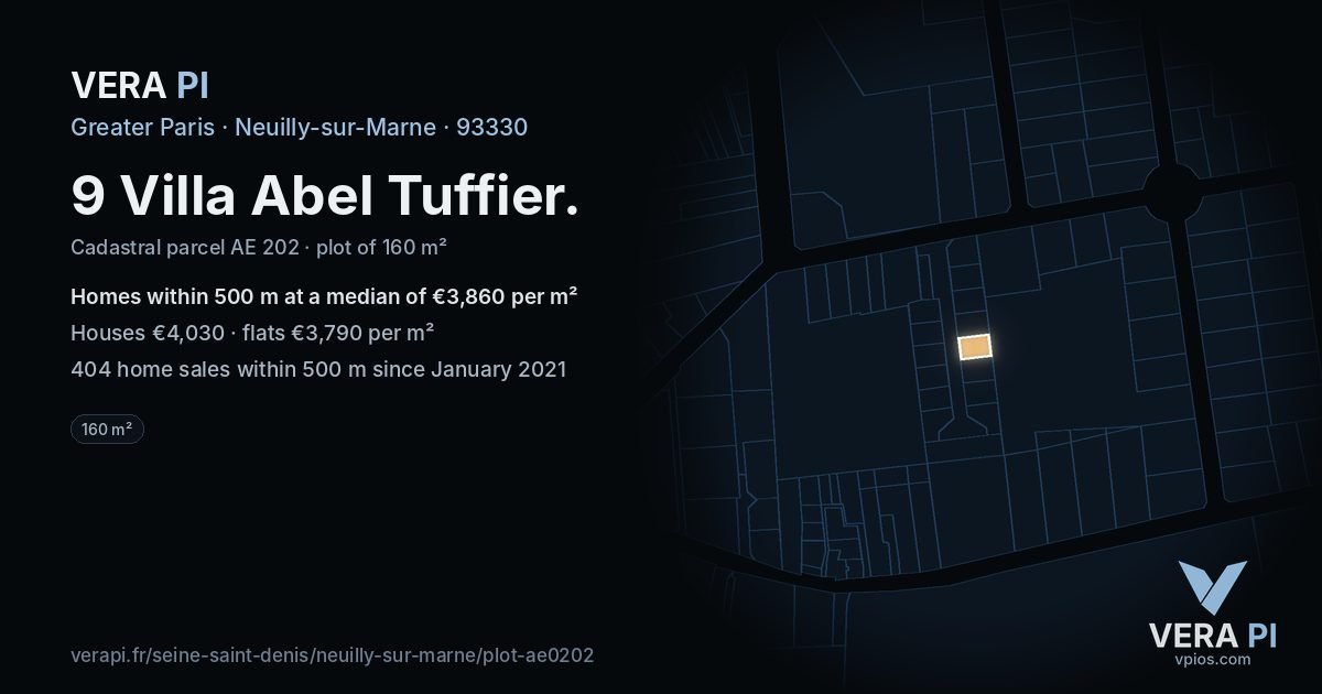 9 Villa Abel Tuffier, Neuilly-sur-Marne at night – the plot lit, the parcels around coloured by the prices near them