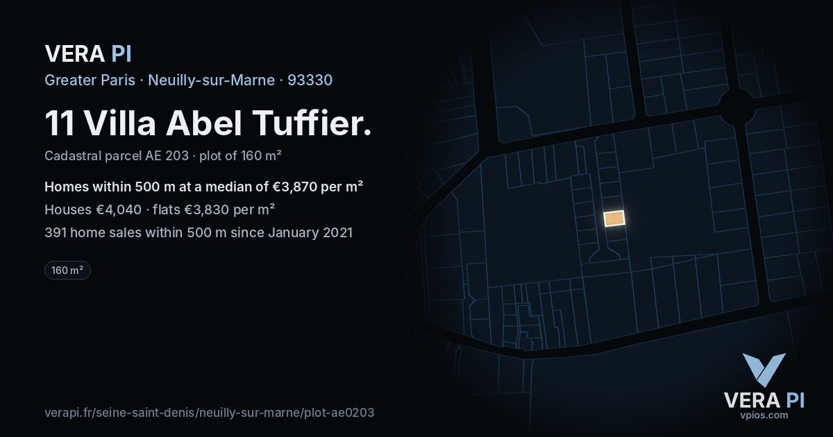 11 Villa Abel Tuffier, Neuilly-sur-Marne at night – the plot lit, the parcels around coloured by the prices near them