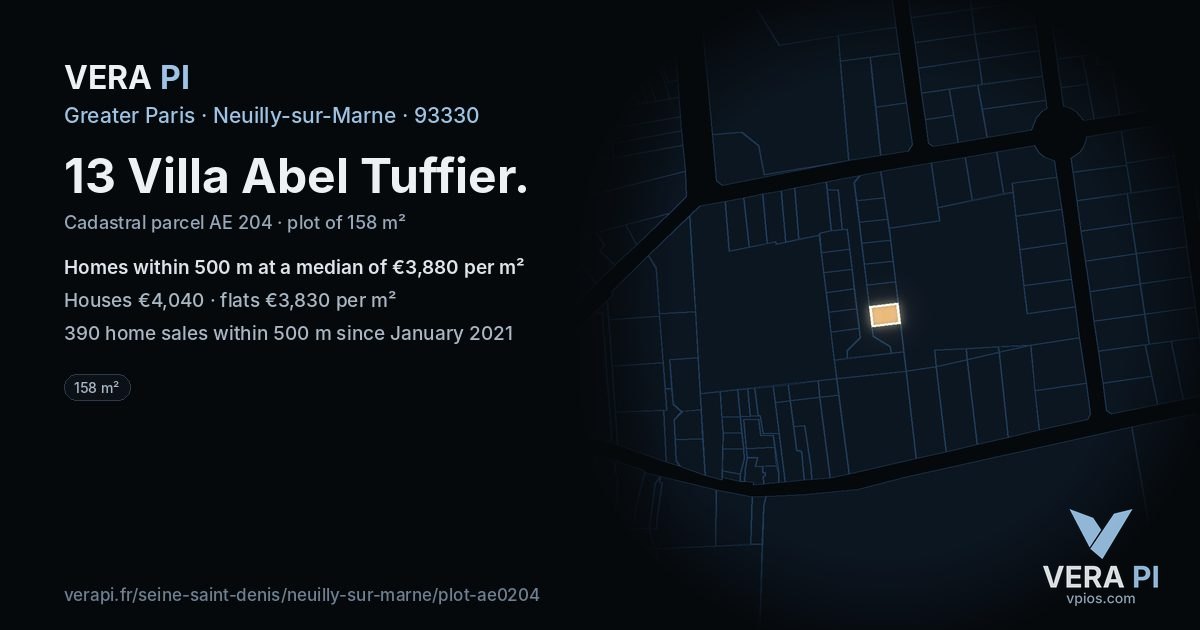 13 Villa Abel Tuffier, Neuilly-sur-Marne at night – the plot lit, the parcels around coloured by the prices near them