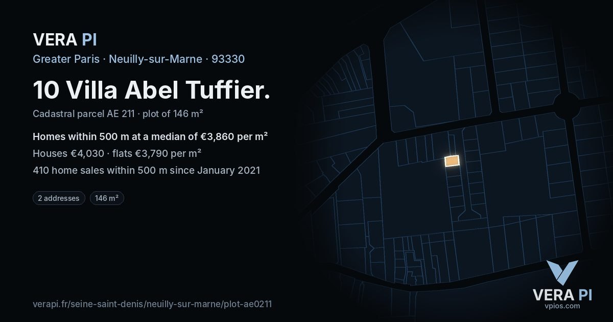 10 Villa Abel Tuffier, Neuilly-sur-Marne at night – the plot lit, the parcels around coloured by the prices near them