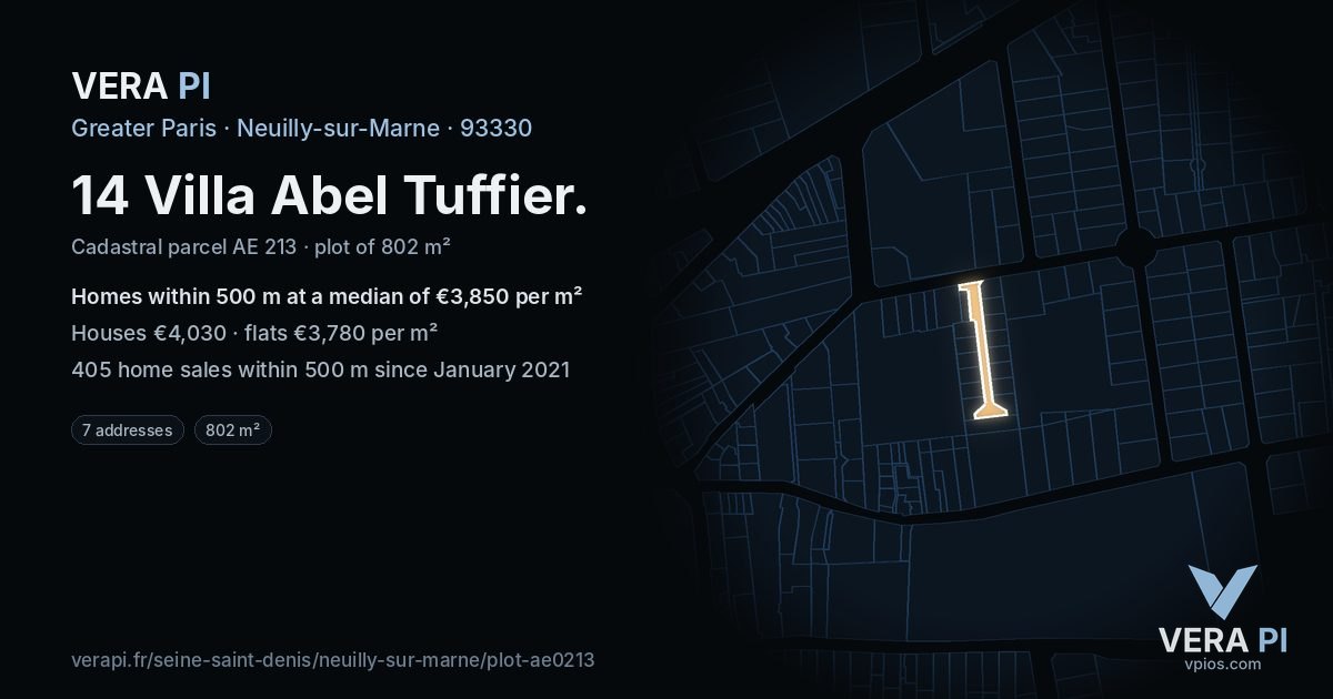 14 Villa Abel Tuffier, Neuilly-sur-Marne at night – the plot lit, the parcels around coloured by the prices near them