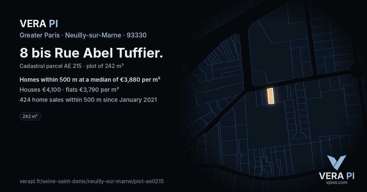 8 bis Rue Abel Tuffier, Neuilly-sur-Marne at night – the plot lit, the parcels around coloured by the prices near them