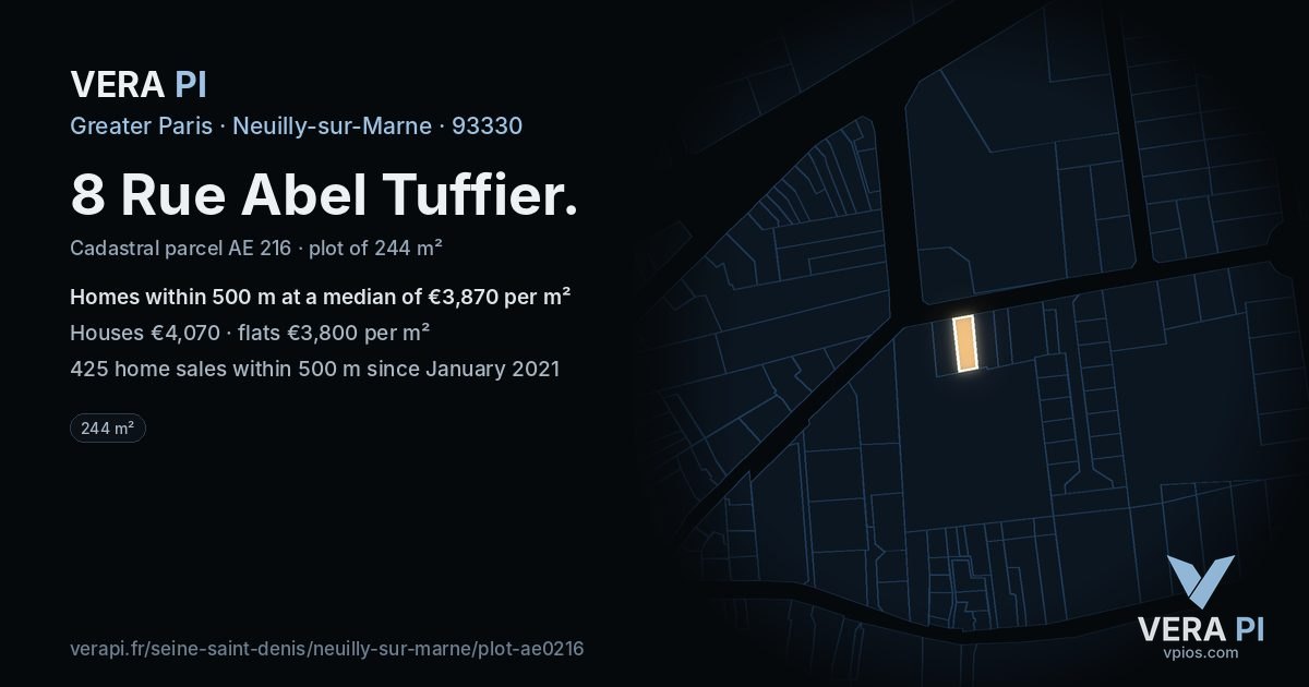 8 Rue Abel Tuffier, Neuilly-sur-Marne at night – the plot lit, the parcels around coloured by the prices near them