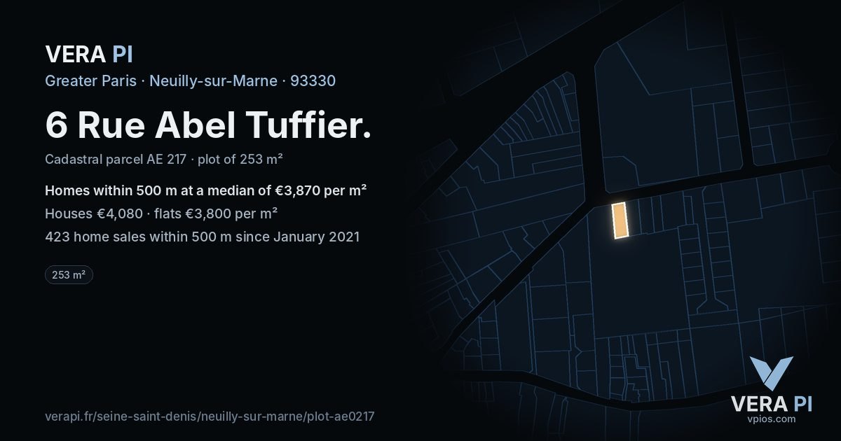 6 Rue Abel Tuffier, Neuilly-sur-Marne at night – the plot lit, the parcels around coloured by the prices near them