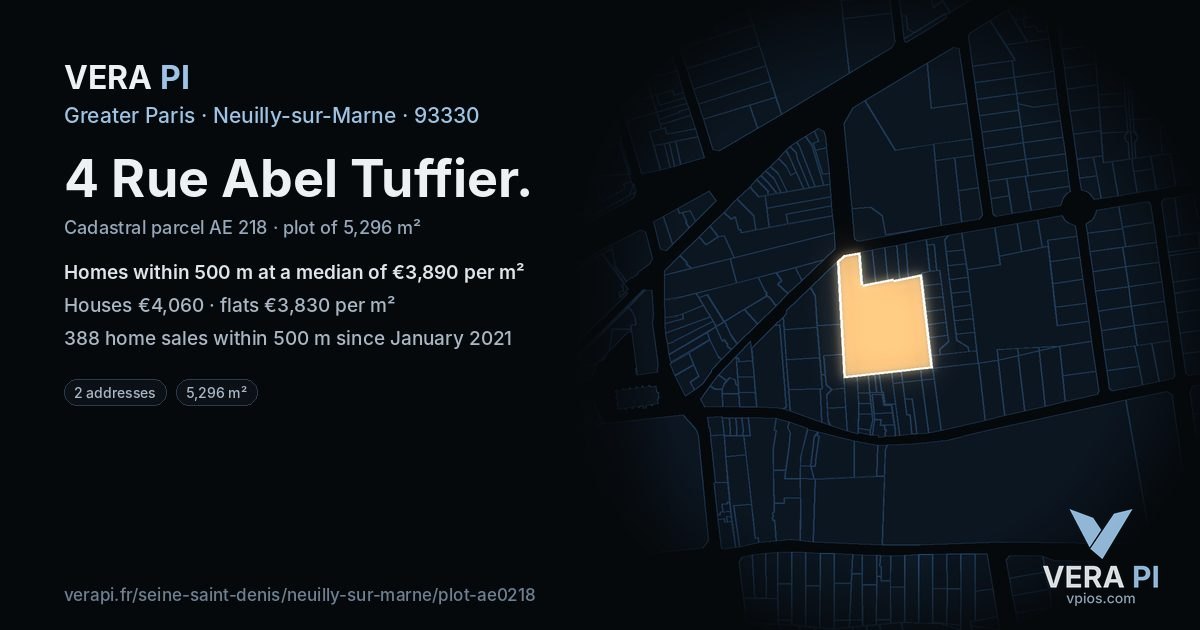 4 Rue Abel Tuffier, Neuilly-sur-Marne at night – the plot lit, the parcels around coloured by the prices near them