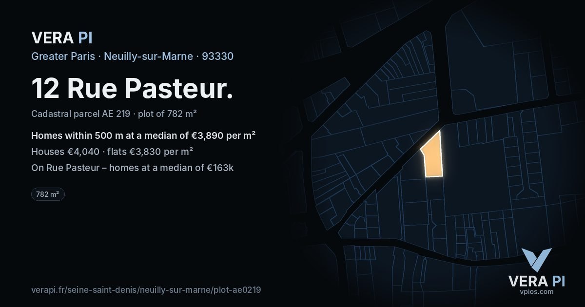 12 Rue Pasteur, Neuilly-sur-Marne at night – the plot lit, the parcels around coloured by the prices near them