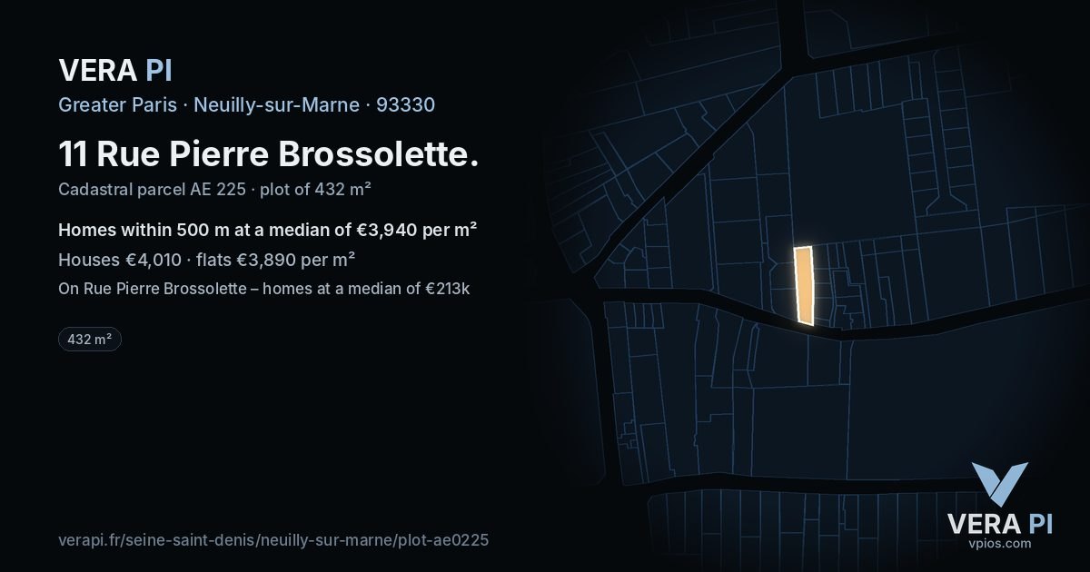 11 Rue Pierre Brossolette, Neuilly-sur-Marne at night – the plot lit, the parcels around coloured by the prices near them