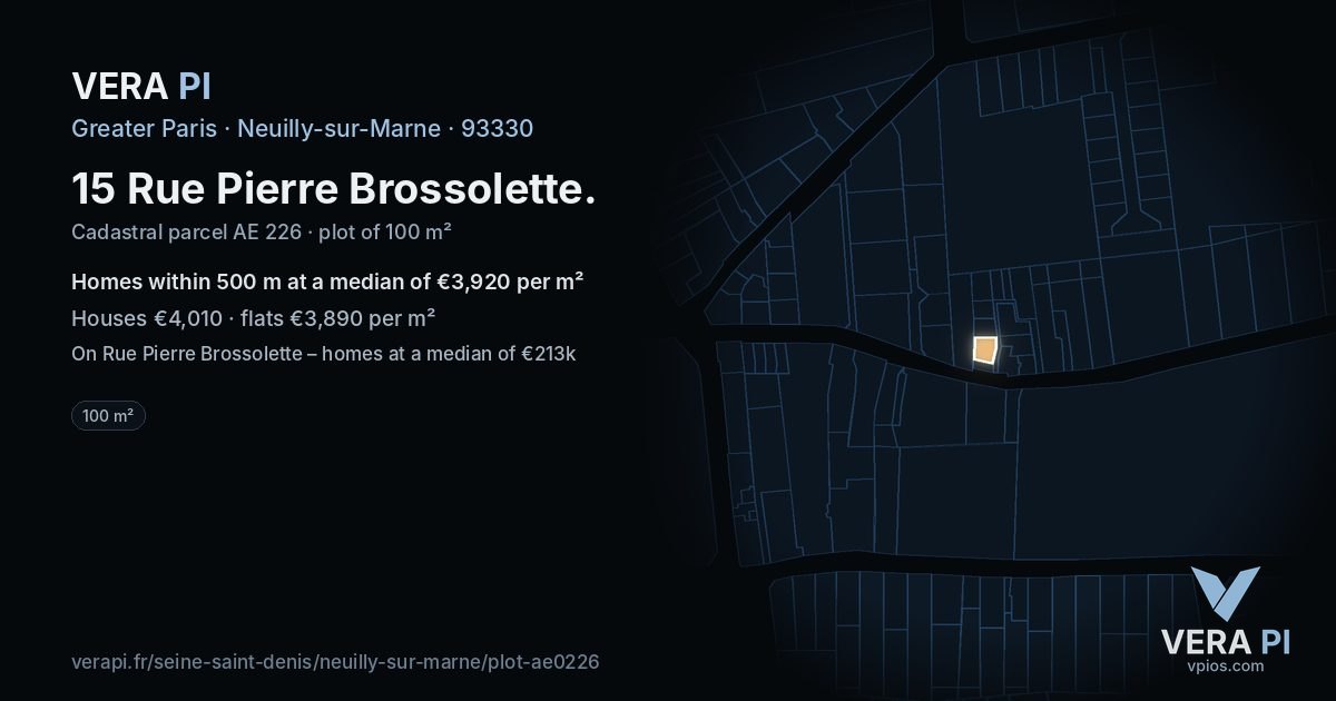 15 Rue Pierre Brossolette, Neuilly-sur-Marne at night – the plot lit, the parcels around coloured by the prices near them