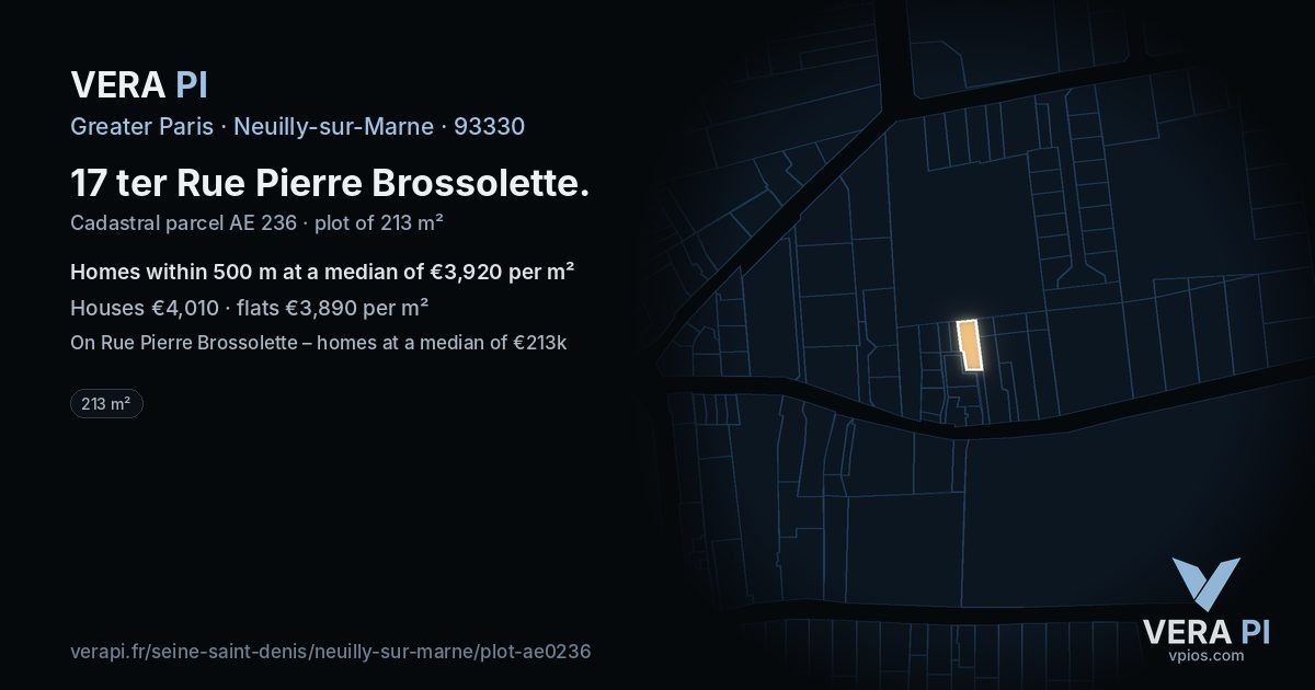 17 ter Rue Pierre Brossolette, Neuilly-sur-Marne at night – the plot lit, the parcels around coloured by the prices near them
