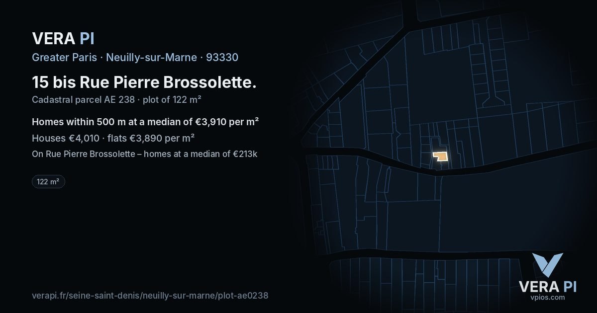 15 bis Rue Pierre Brossolette, Neuilly-sur-Marne at night – the plot lit, the parcels around coloured by the prices near them