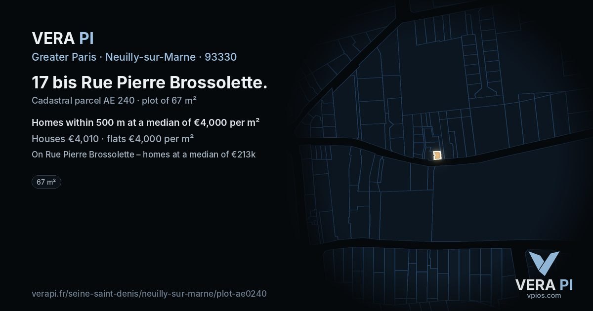 17 bis Rue Pierre Brossolette, Neuilly-sur-Marne at night – the plot lit, the parcels around coloured by the prices near them