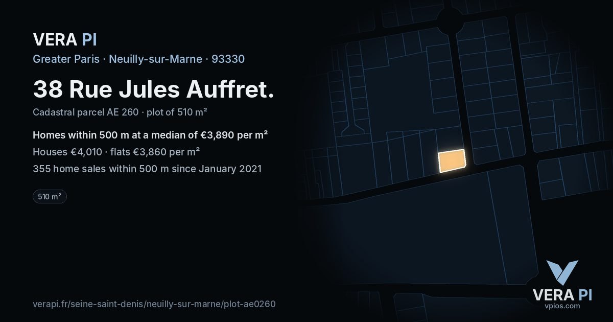 38 Rue Jules Auffret, Neuilly-sur-Marne at night – the plot lit, the parcels around coloured by the prices near them