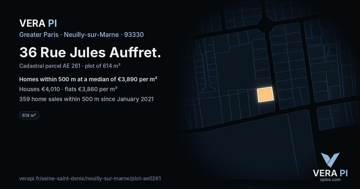 36 Rue Jules Auffret, Neuilly-sur-Marne at night – the plot lit, the parcels around coloured by the prices near them
