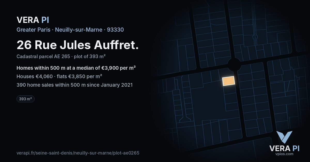 26 Rue Jules Auffret, Neuilly-sur-Marne at night – the plot lit, the parcels around coloured by the prices near them