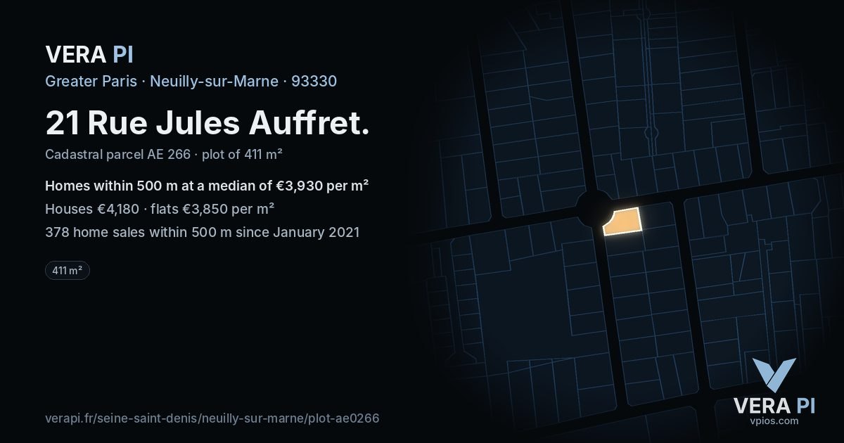 21 Rue Jules Auffret, Neuilly-sur-Marne at night – the plot lit, the parcels around coloured by the prices near them