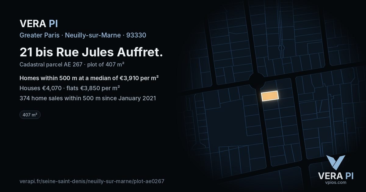 21 bis Rue Jules Auffret, Neuilly-sur-Marne at night – the plot lit, the parcels around coloured by the prices near them