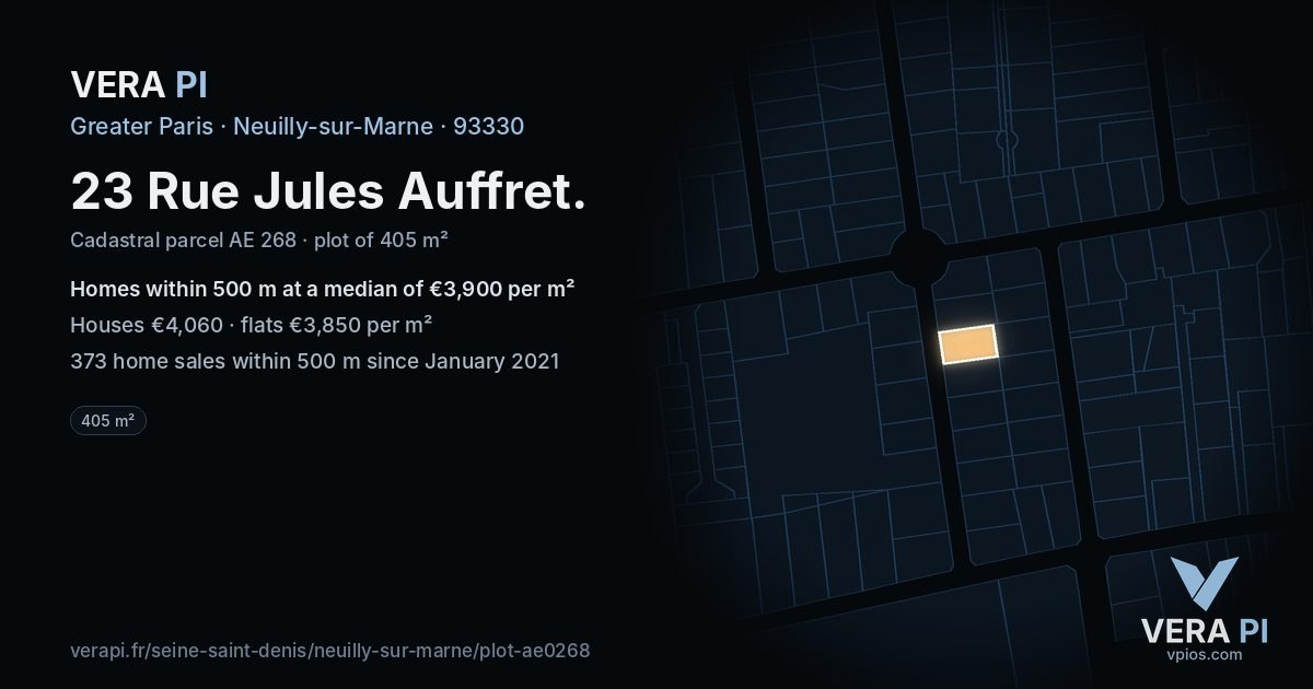 23 Rue Jules Auffret, Neuilly-sur-Marne at night – the plot lit, the parcels around coloured by the prices near them