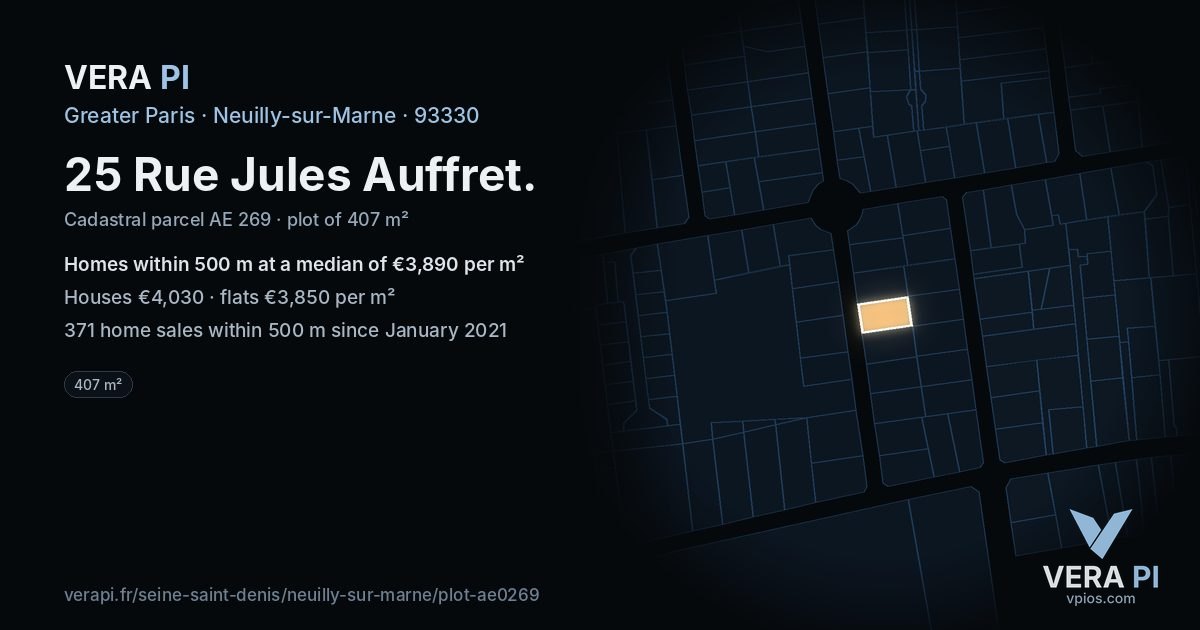 25 Rue Jules Auffret, Neuilly-sur-Marne at night – the plot lit, the parcels around coloured by the prices near them