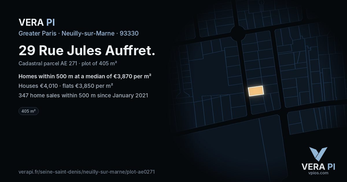 29 Rue Jules Auffret, Neuilly-sur-Marne at night – the plot lit, the parcels around coloured by the prices near them