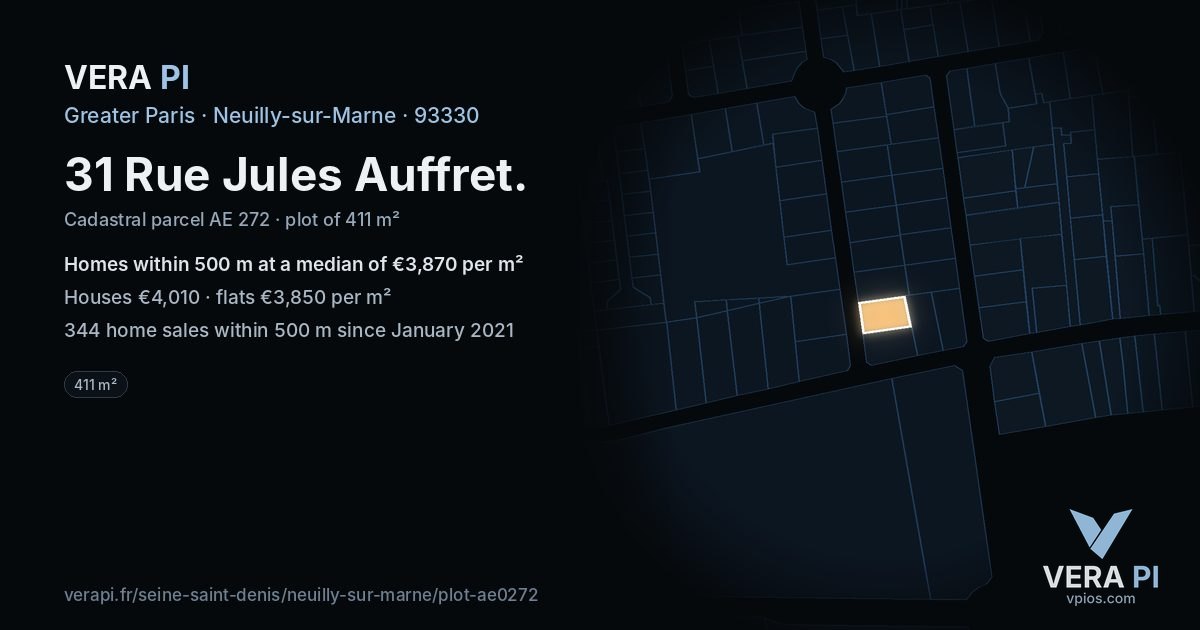 31 Rue Jules Auffret, Neuilly-sur-Marne at night – the plot lit, the parcels around coloured by the prices near them